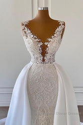 Gorgeous Long Mermaid V-neck Lace Wedding Dress with Satin Detachable Train